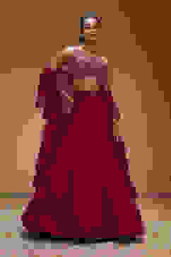 Berry Pink Pure Chinnon Hand Embroidered Lehenga Set image number 6