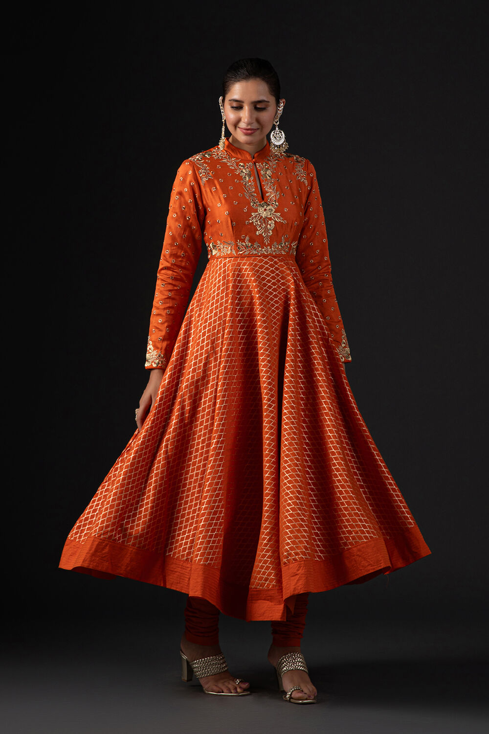 Buy Rohit Bal Orange Cotton Silk Anarkali Printed Suit Set Kurta