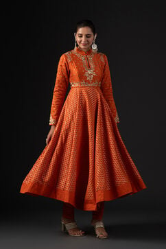 Rohit Bal Orange Cotton Silk Anarkali Printed Suit Set image number 6
