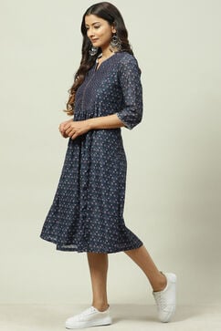 Indigo Art Silk A-Line Printed Kurta Dress image number 2