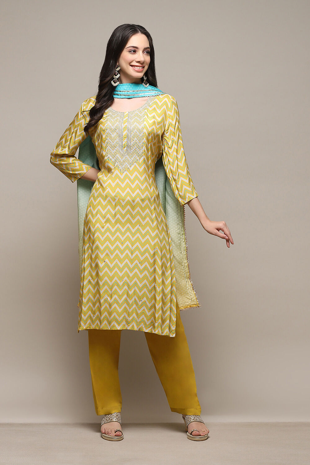 Mustard Muslin Digital Print Unstitched Suit Set image number 8
