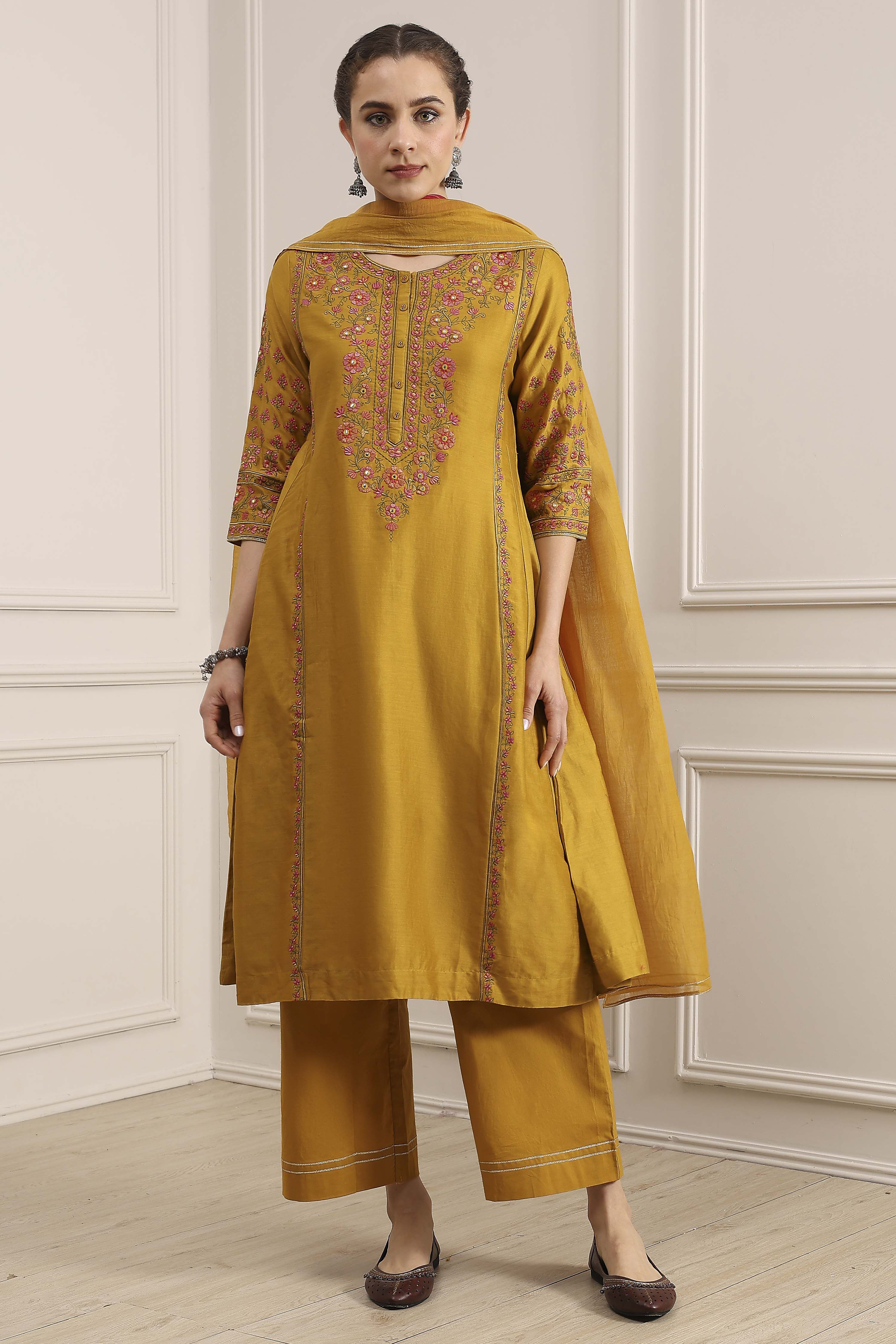 Mustard Yellow Cotton Embroidered Kalidar Suit Set image number 6