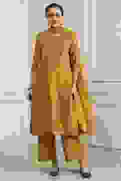 Mustard Yellow Cotton Embroidered Kalidar Suit Set image number 6