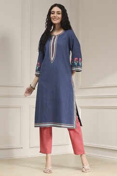 Indigo Blue Cotton Printed Straight Kurta image number 5
