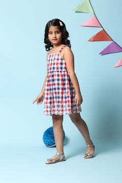 Red & Blue Cotton Gathered Dress image number 3