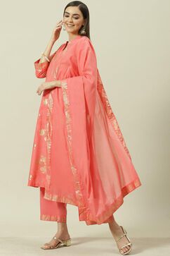 Peach Printed Cotton Straight Kurta Palazzo Suit Set image number 5