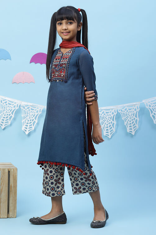 Blue Art Silk Girls Straight Straight Kurta Palazzo Suit Set image number 2