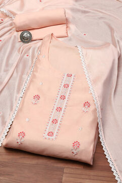 Peach Modal Machine Embroidered Unstitched Suit Set image number 0