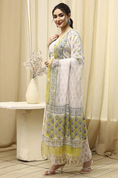 Lime Green Cotton Hand Block Print Unstitched Suit Set image number 4