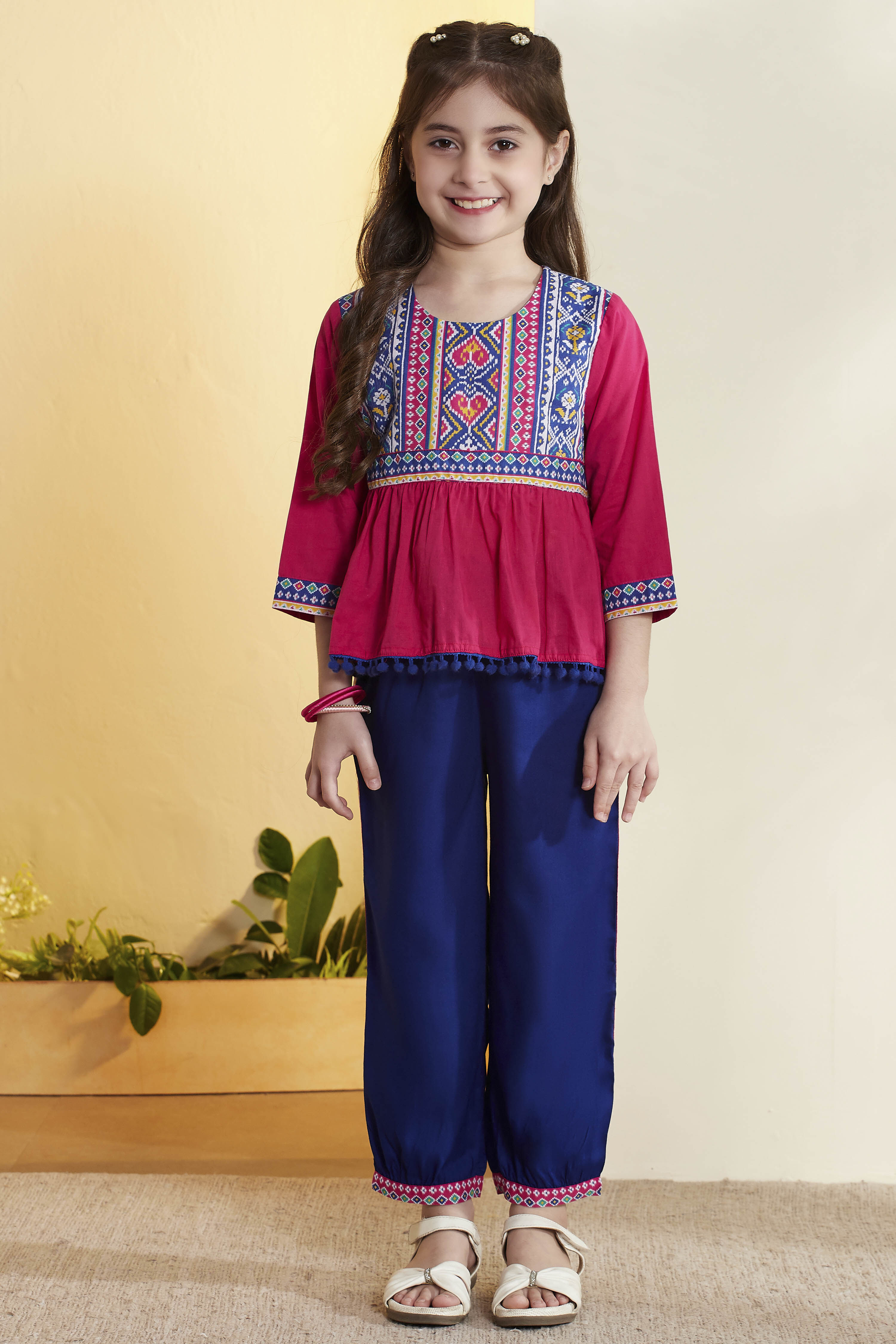 Pink Cotton Printed Gathered Kurta Pants Set image number 6