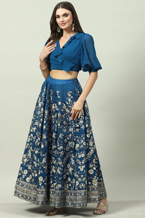 Blue Cotton Blend Lehenga Set image number 2
