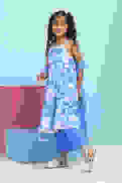 Blue Cotton Printed Tiered Suit Set image number 3