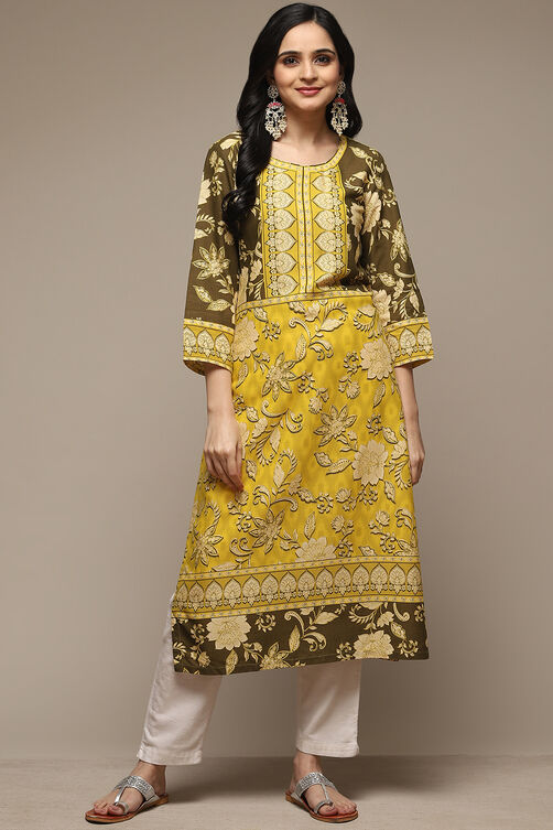 Olive Green LIVA Straight Printed Kurta image number 5