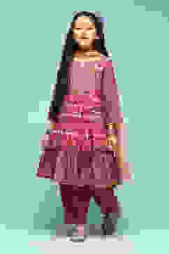 Pink & Purple Polyester Tiered Kurta Printed Suit Set image number 7