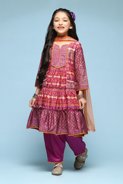 Pink & Purple Polyester Tiered Kurta Printed Suit Set image number 7