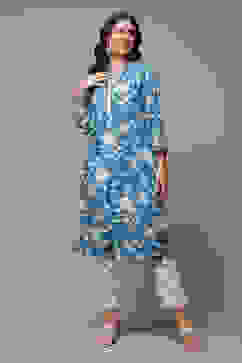 Sky Blue LIVA Straight Printed Kurta image number 0