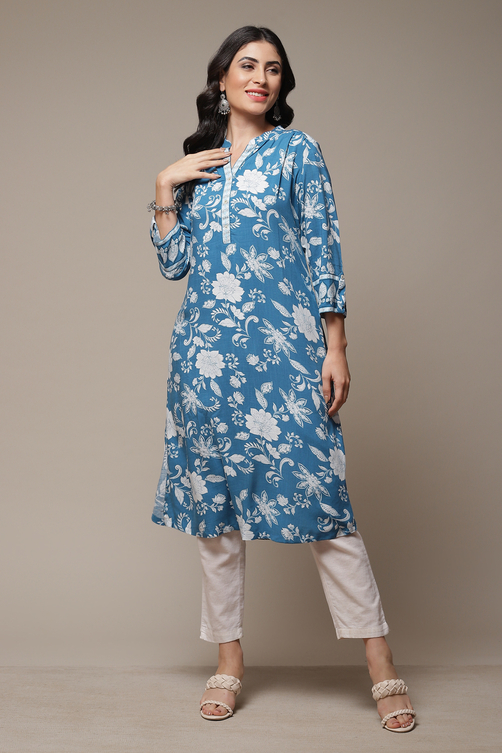 Sky Blue LIVA Straight Printed Kurta image number 0