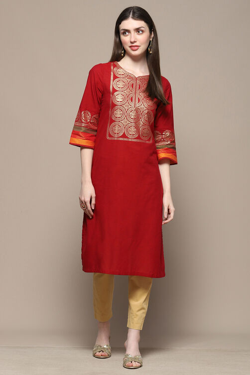 Red Cotton Straight Kurta image number 0