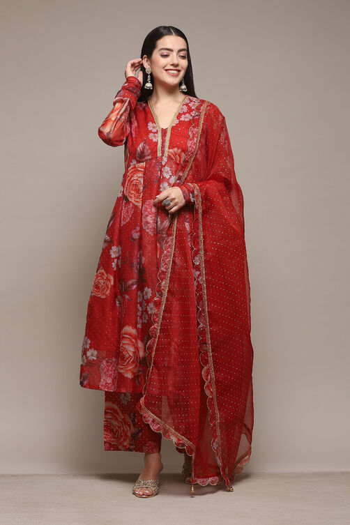 Red Polyester Anarkali Kurta Palazzo Suit Set image number 7