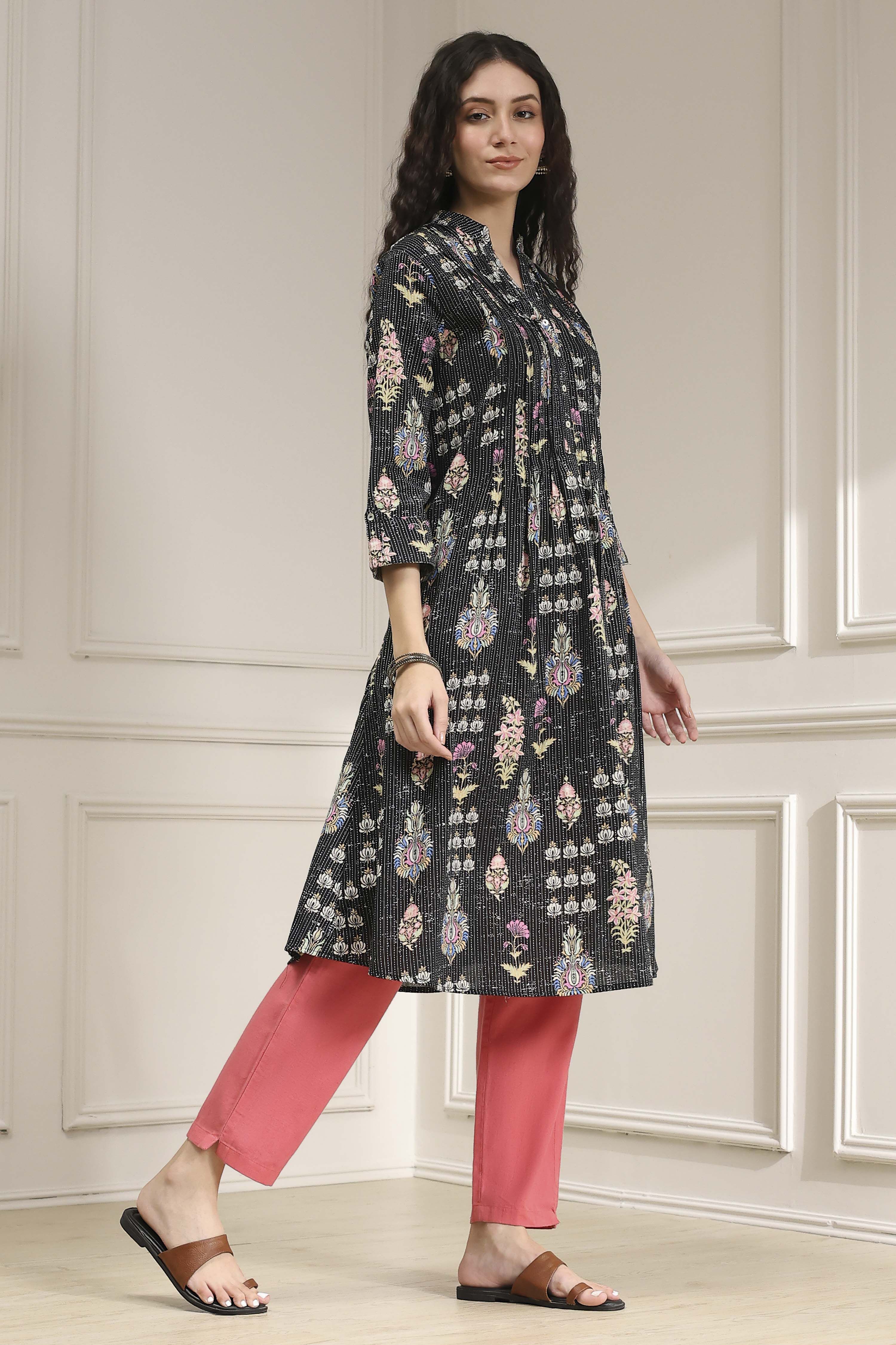 Black Cotton Printed A-Line Kurta image number 4