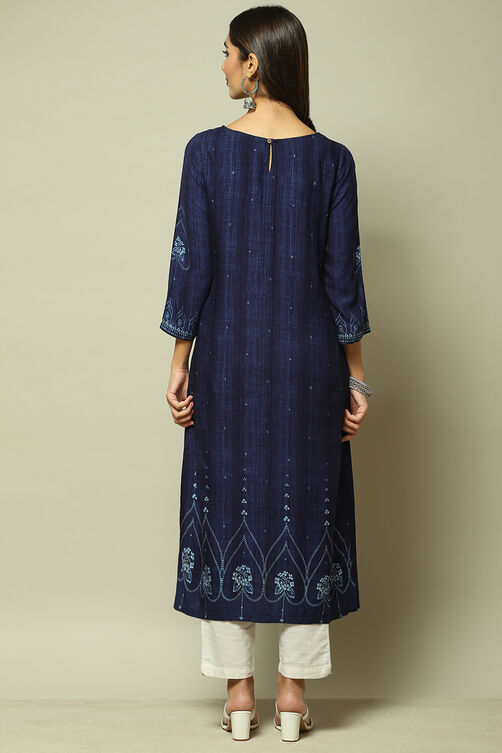 Indigo LIVA Straight Printed Kurta image number 4