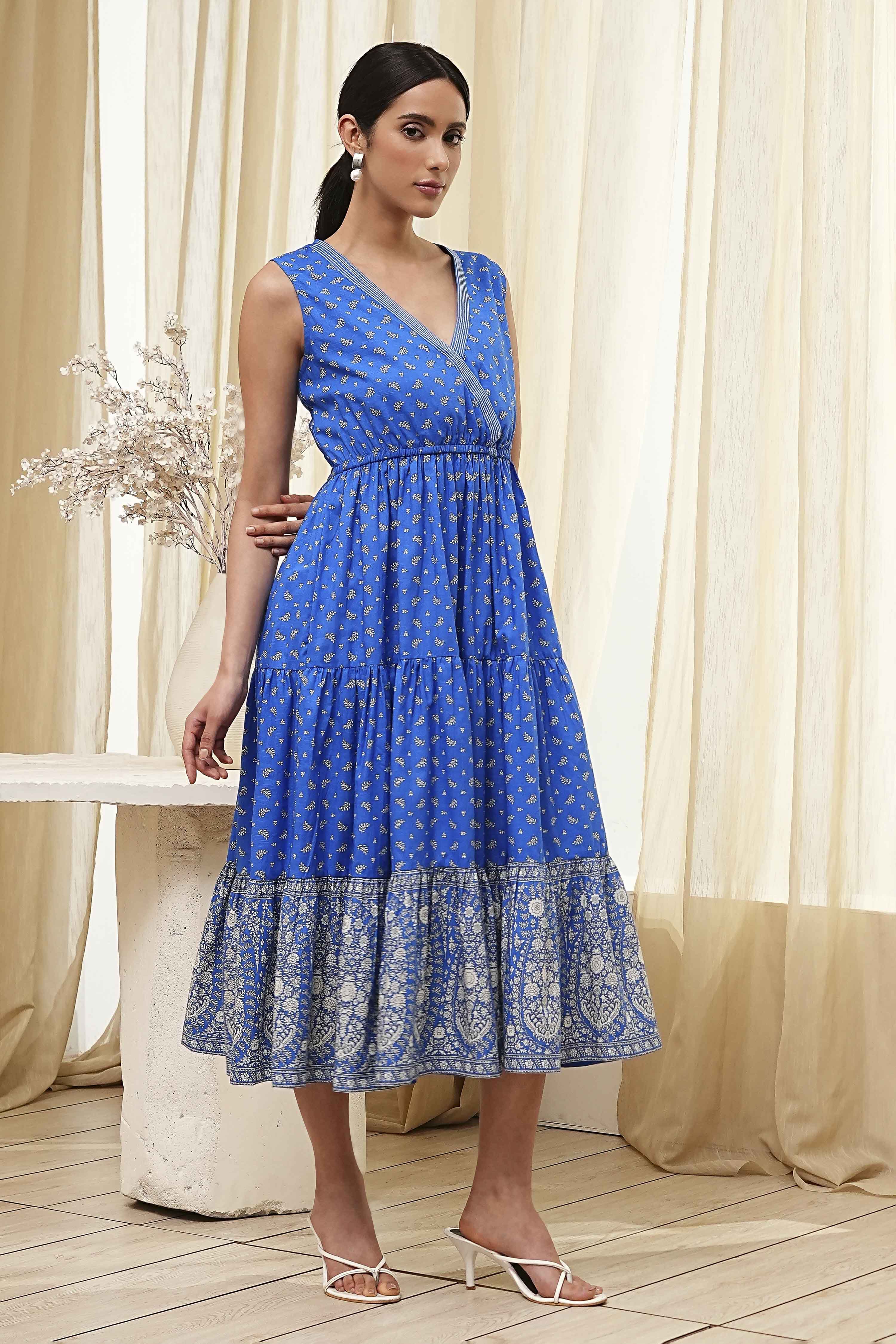 Blue Cotton Printed Tiered Dress image number 3