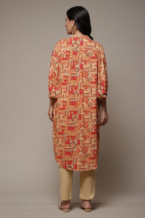 Beige & Red Rayon Straight Printed Kurta image number 2