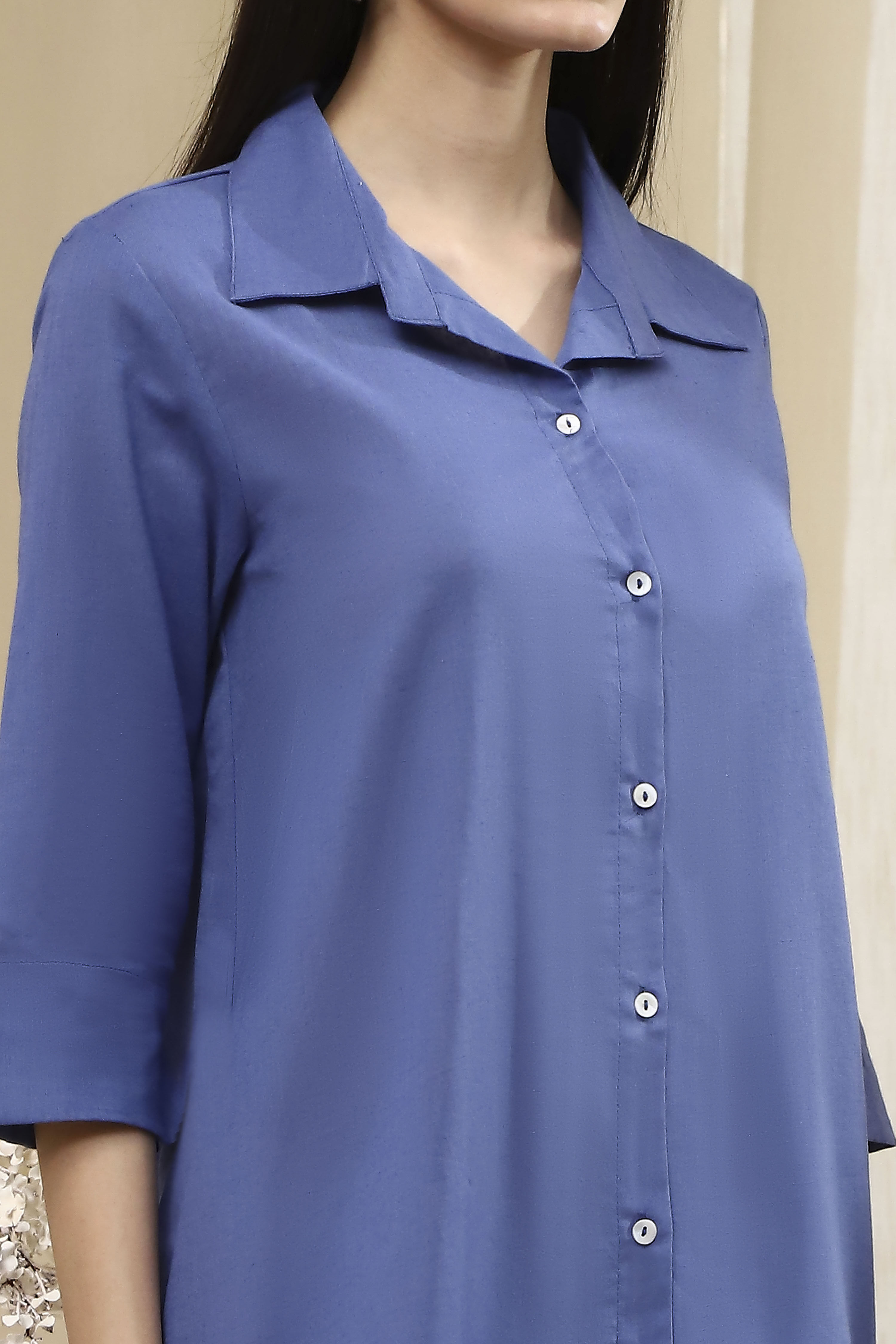 Dusk Blue Cotton Blend Solid Straight Shirt Style Kurti image number 1