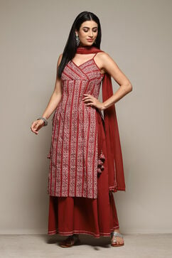 Red Cotton Straight Printed Kurta Sharara Suit Set image number 5