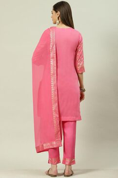 Pink Printed Straight Kurta Slim Pant Suit Set image number 4