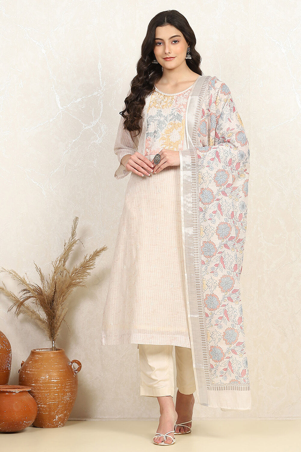 Cream Linen Blend Unstitched Suit Set image number 7