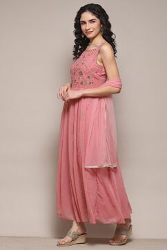 Blush Pink Polyester Flared Solid Dress image number 3