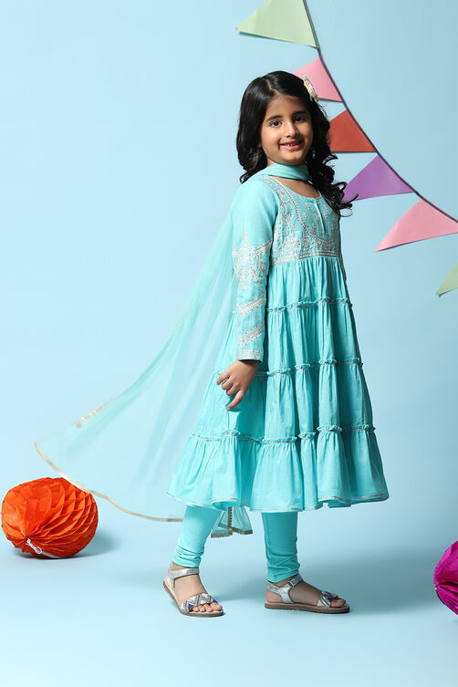Turquoise Cotton Blend Tiered Kurta Churidar Suit Set image number 6