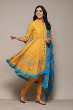 Yellow & Blue Cotton Anarkali Solid Kurta Churidar Suit Set image number 5