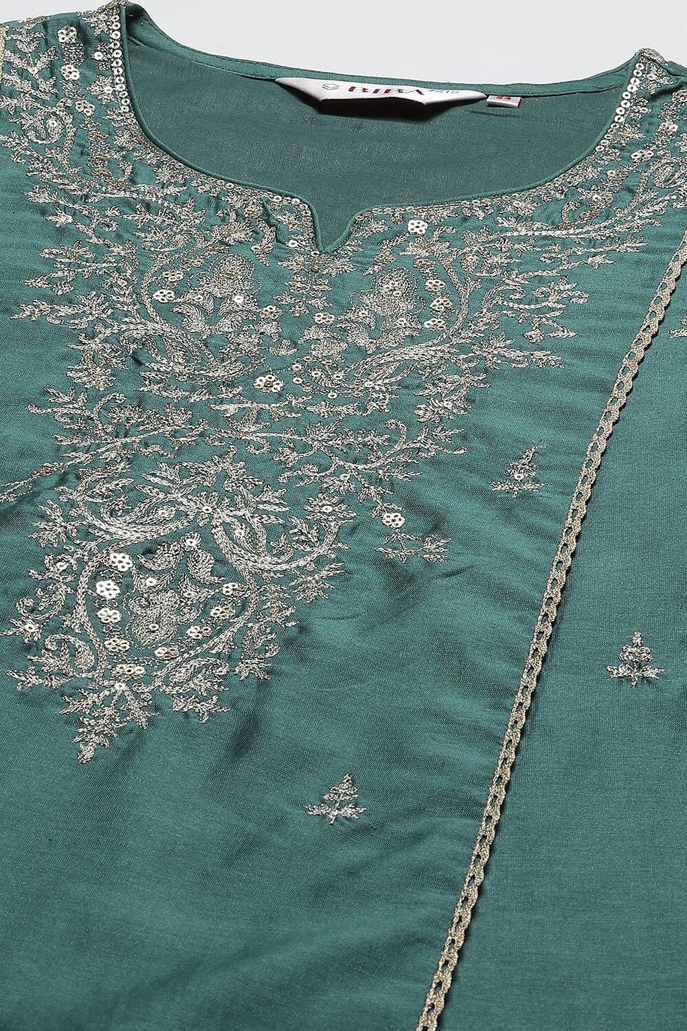 Dark Green Cotton Blend A-Line Kurta Palazzo Suit Set image number 1