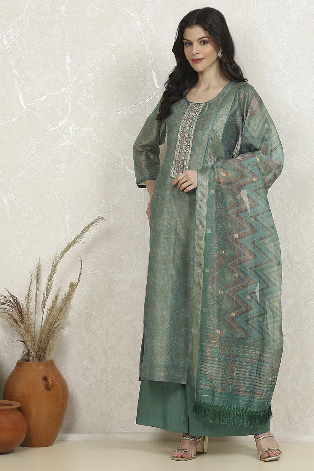 Orange Chanderi Unstitched Suit Set image number 4