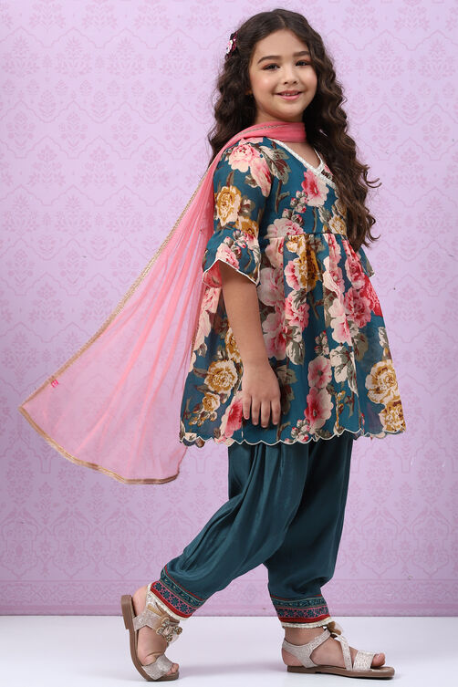 Teal Art Silk Flared Kurta Salwar Suit Set image number 6