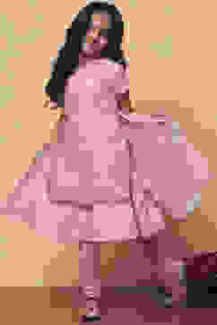 Pink Poly Chanderi Metallic Pattern Layered A-Line Suit Set image number 6