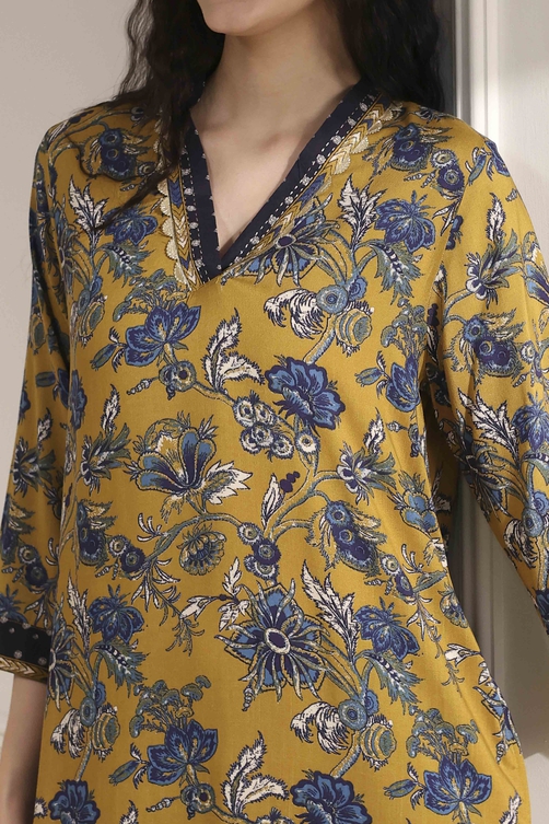 Mustard Yellow Printed Straight Kurta image number 1