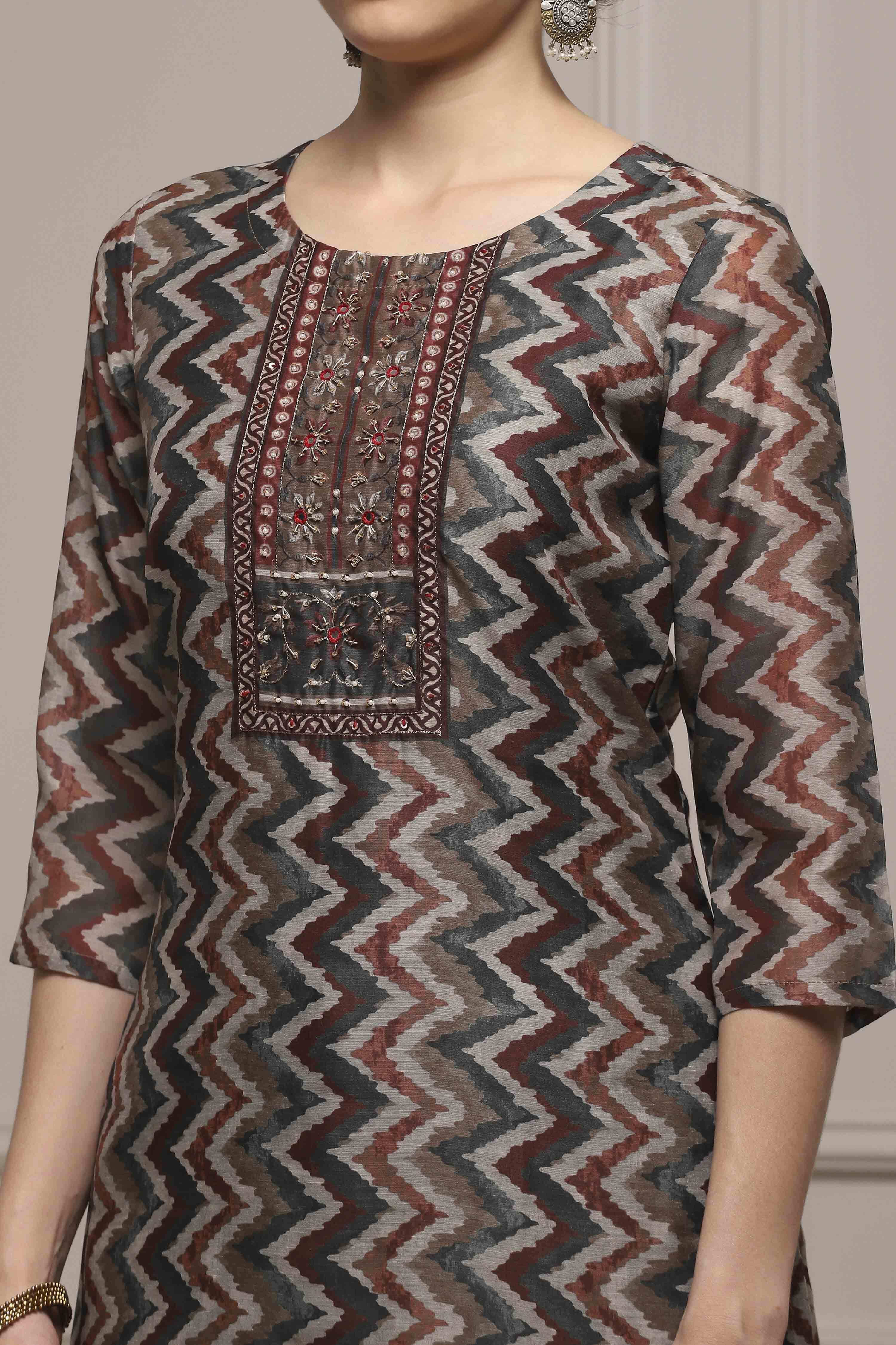 Orange Chanderi Blend Printed Embroidered Unstitched Suit Set image number 2