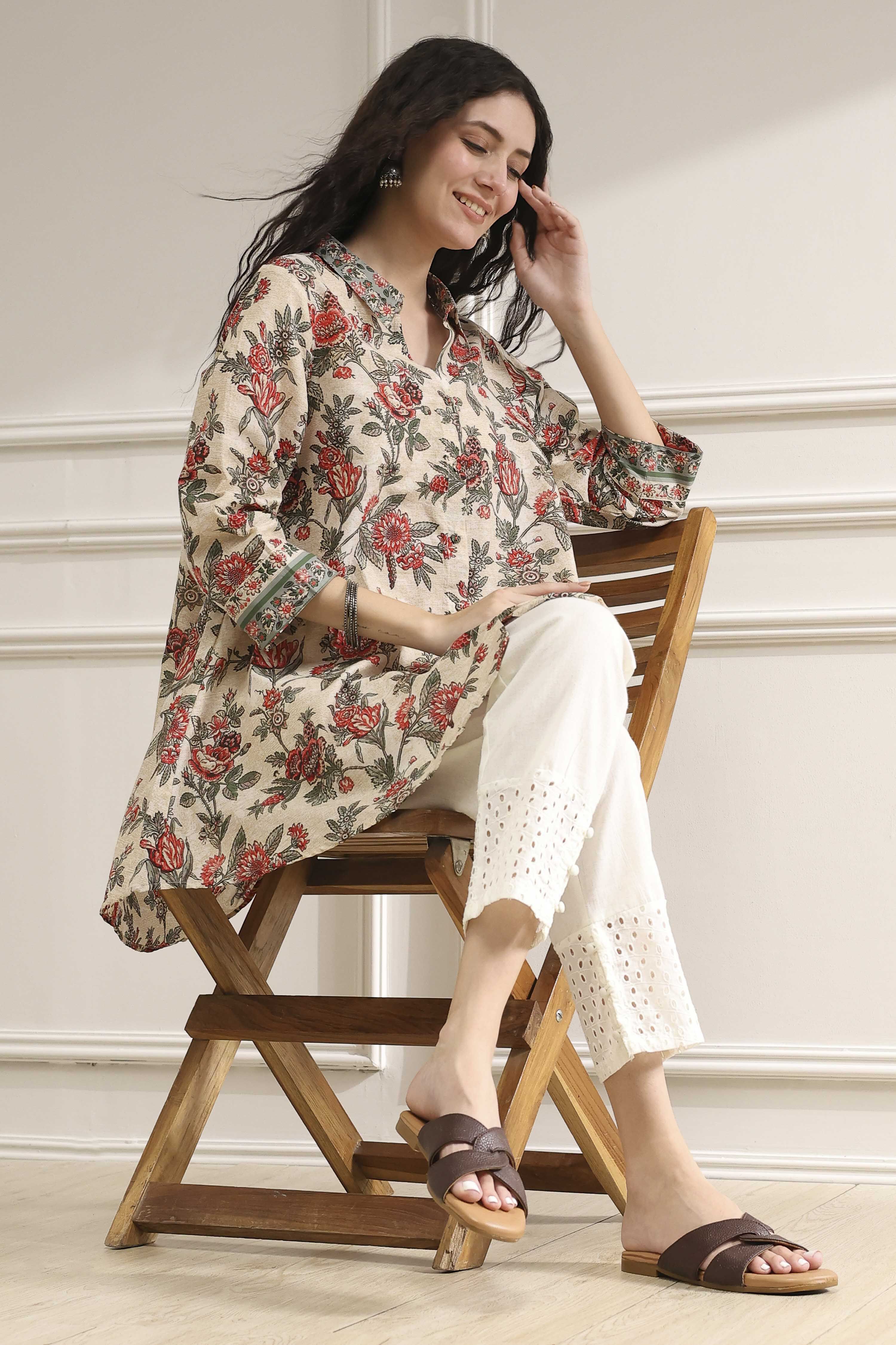 Off-White and Red Cotton A-Line Shirt image number 0