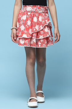 Red Printed Cambric Layered Skirt With Embroidered Waist image number 5