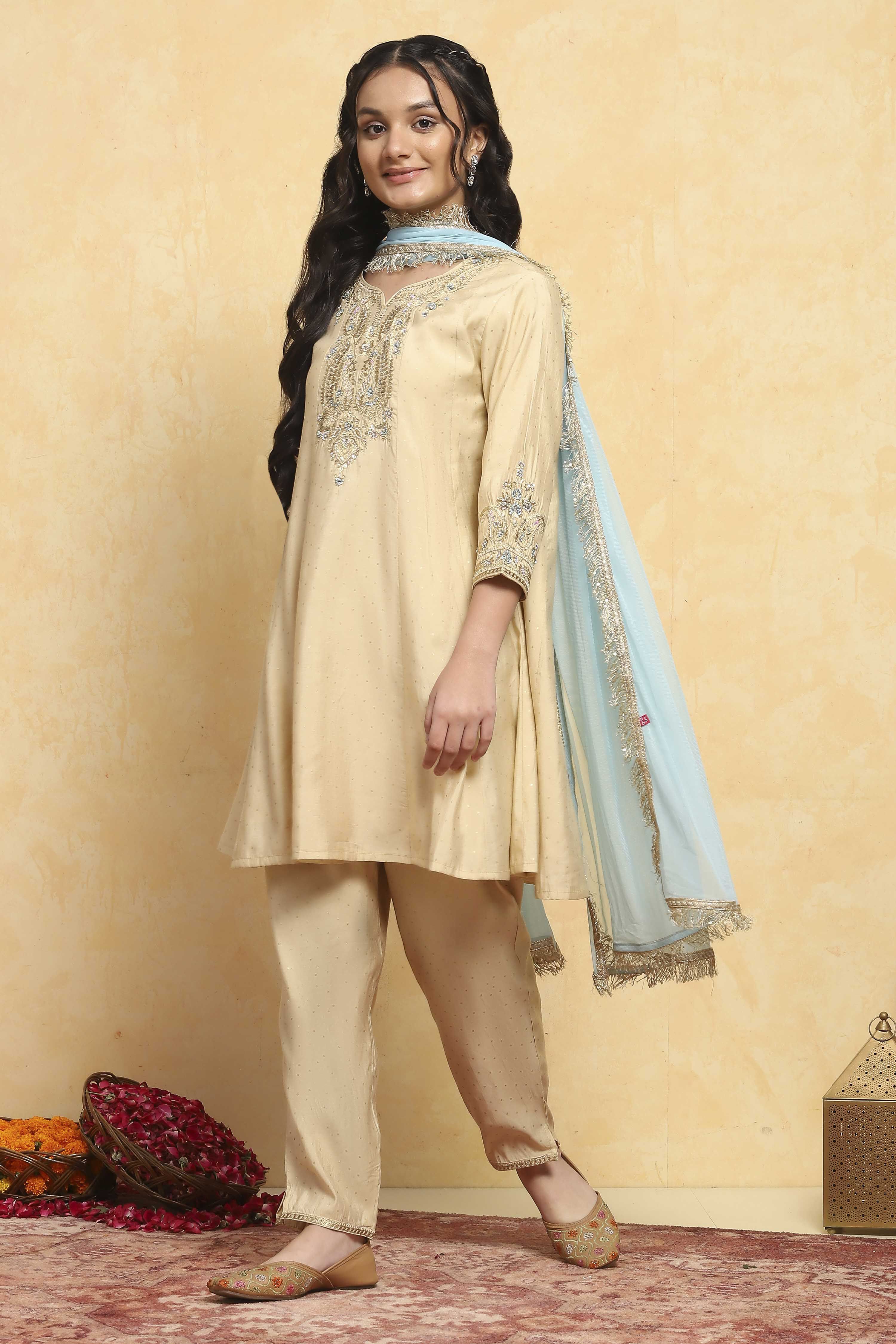 Beige Viscose Blend Kalidar Suits image number 3