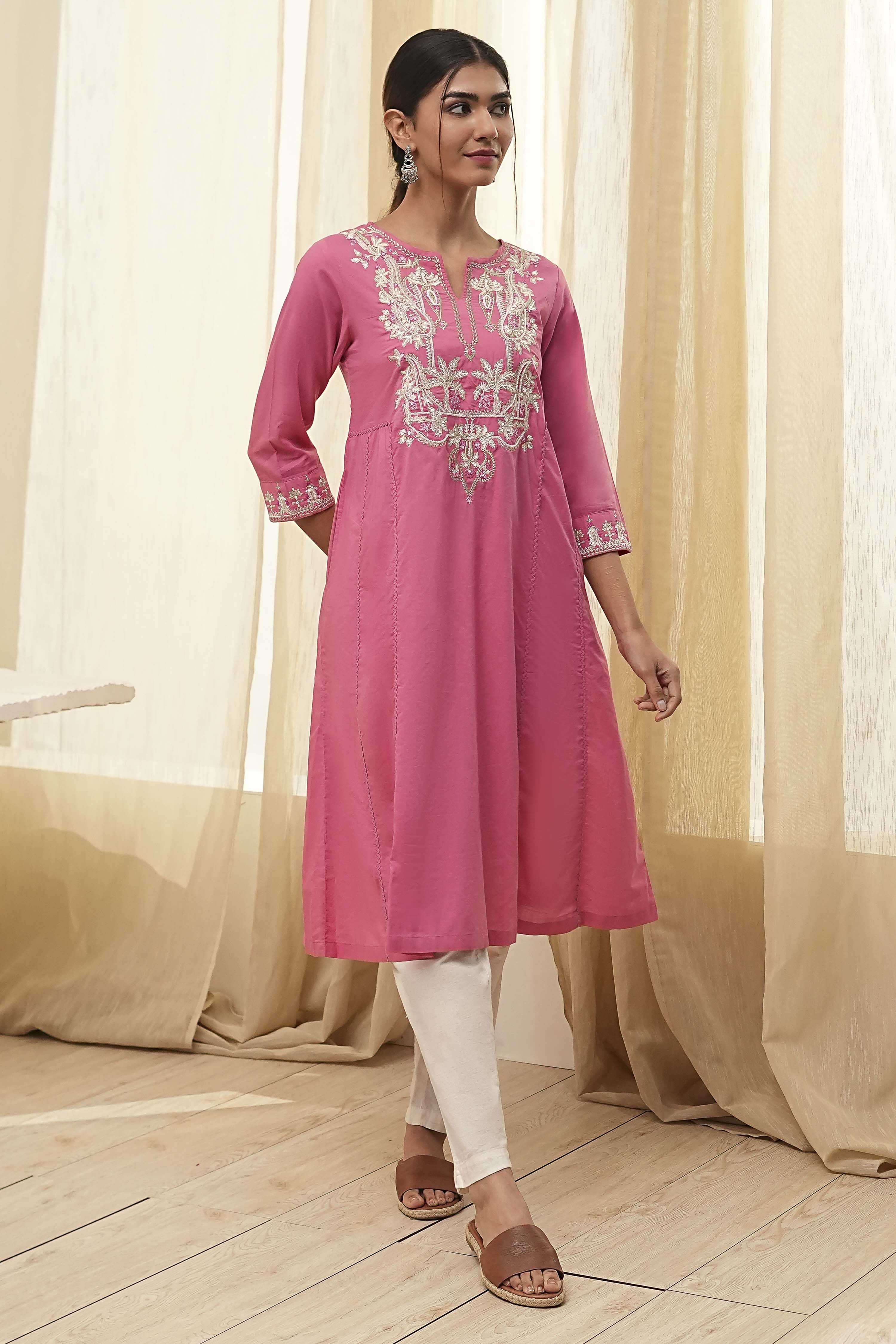Pink Cotton Embroidered A-Line Kurta image number 5