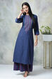 Navy Blue Metallic Cotton Straight Kurta Palazzo Suit Set image number 0