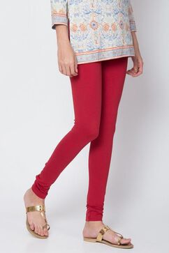 Red Cotton Blend Dyed Leggings image number 2