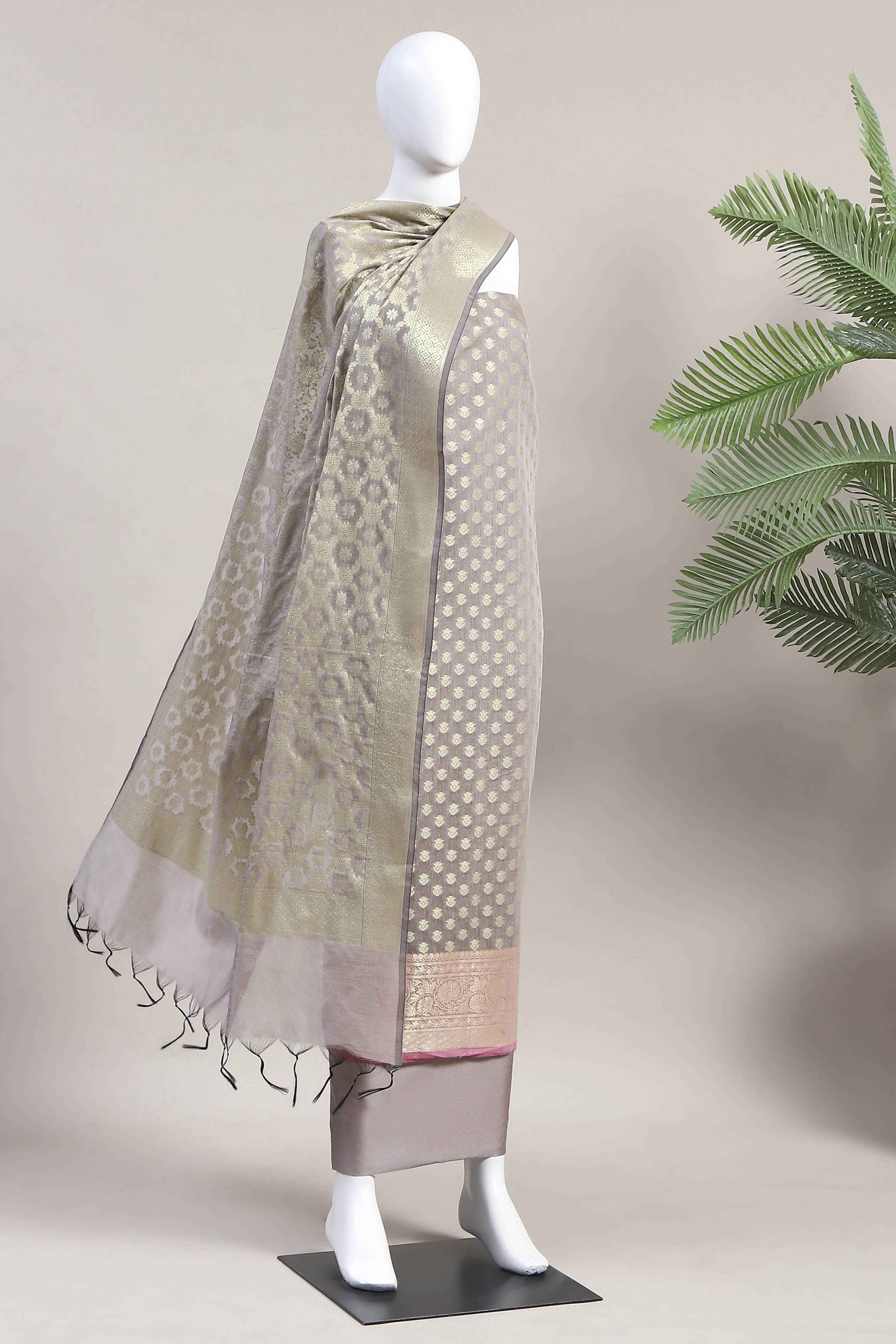Grey Cotton Printed Embroidered Unstitched Suit Set image number 4