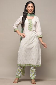 White Green Cotton Unstitched Suit set image number 8