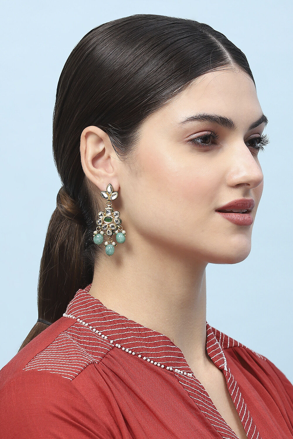 Green Kundan Festive Drop & Danglers image number 1