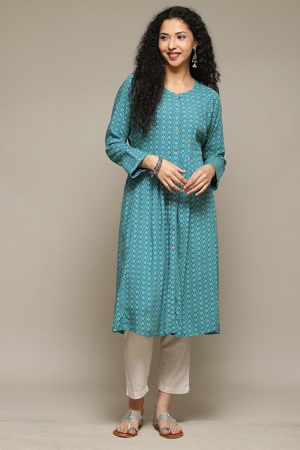 Blue Rayon Flared Printed Kurta image number 5